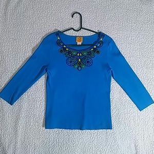Ruby Rd Blue Top with Beaded Neck Bib Details